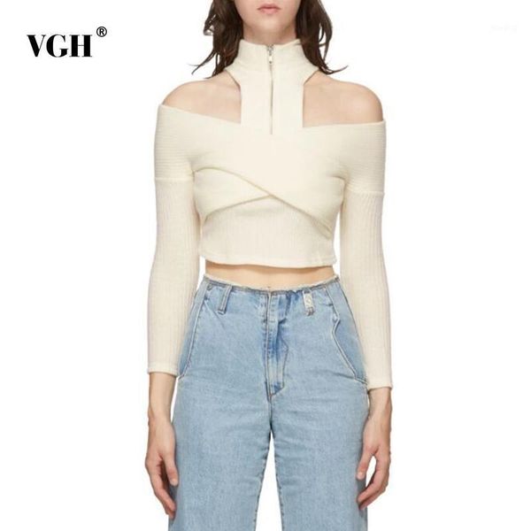 

vgh off shoulder slim sweater for women turtleneck long sleeve cross party short knitted female fashion new clothing1, White;black