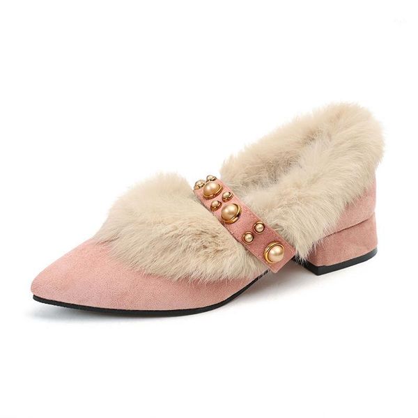 

dress shoes rivet women loafers pointed toe pumps slip on block med heels woman warm plush comfortable ladies1, Black