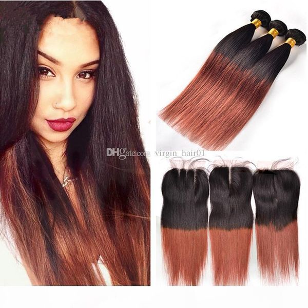 

two tone 1b 33 dark auburn straight hair bundles with lace closure middle three part closure with silk straight hair weft, Black;brown