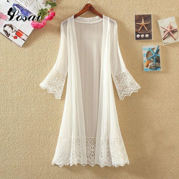 

wholesale- womens 2017 summer sun protection clothing long lace chiffon cardigans see though flare sleeve beach blusa coat black white, Black;brown