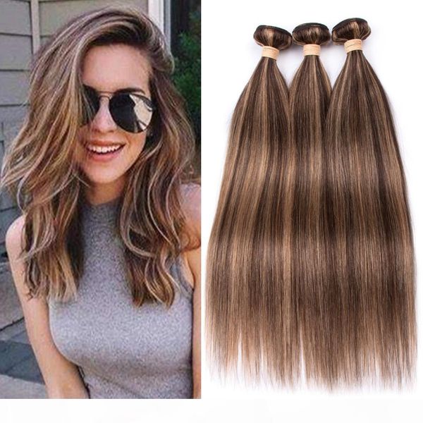 

#4 dark brown highlight mix with #27 honey blonde human hair weave bundles 3pcs piano mixed color brazilian human hair weft extensions, Black;brown
