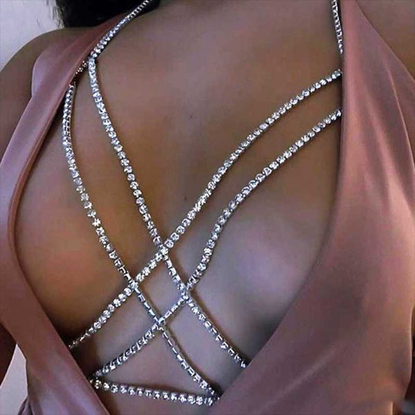 

european and american chest chain cross rhinestone bohemian beach necklace cross body chain, Silver