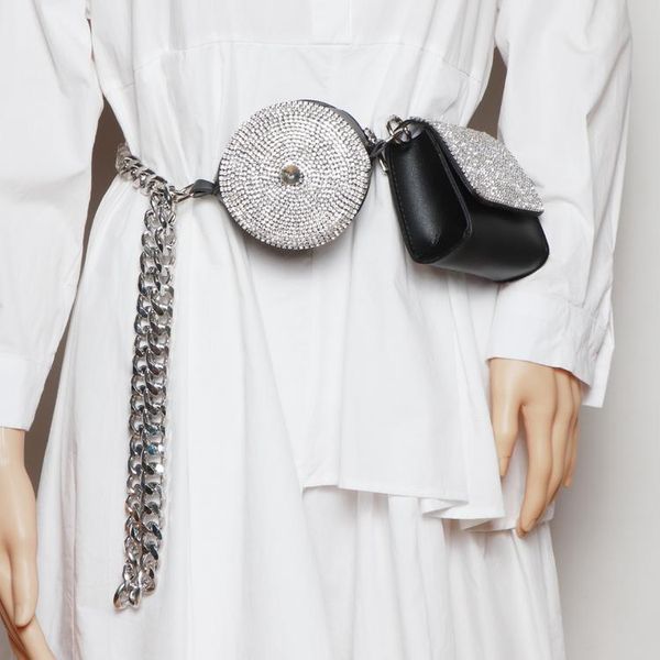 

rhinestone fanny packs metal wide chain double pu leather waist packs women fashion female coin money chest bag messenger bag