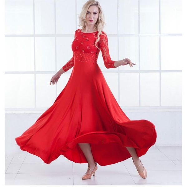

new modern dance dress long sleeve ballroom dance costume national standard dress waltz performance clothing b-62151, Black;red