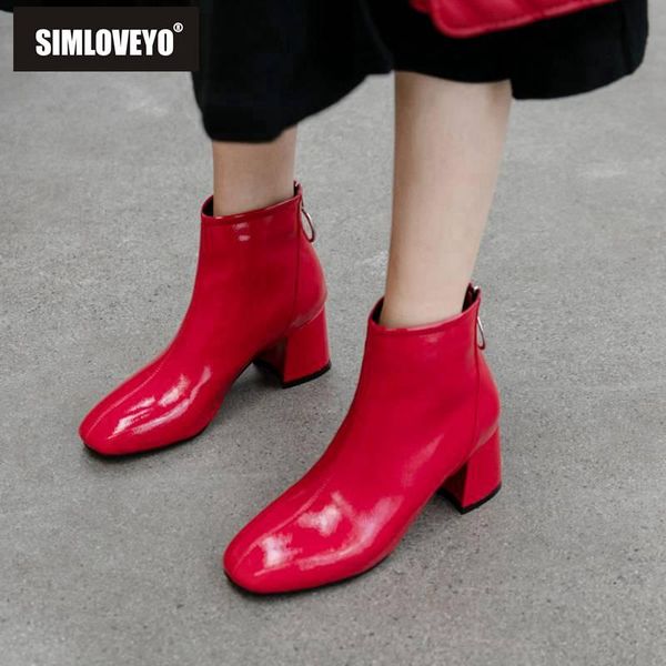 

boots simloveyo large size 43 ankle block heel ring zipper patent leather flock solid casual shoes winter autumn botas feminino, Black