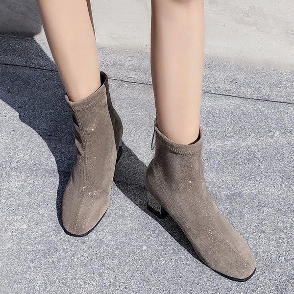 

boots metal heel suede ankle women sequin square winter booties black khaki shoes 2021 autumn winter1