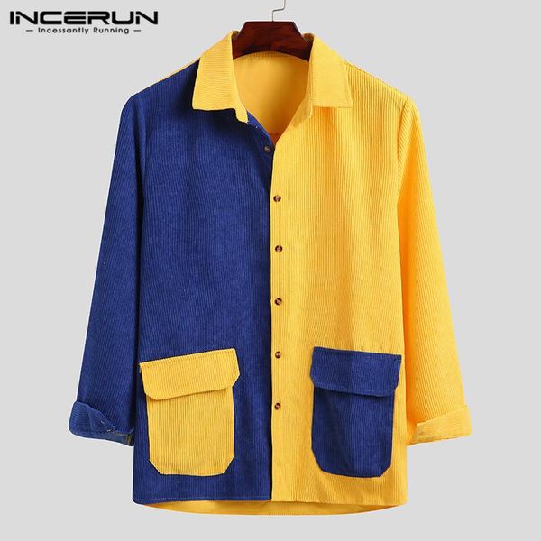 

leisure corduroy blouse men shirts long sleeve lapel chemise vintage patchwork shirts incerun man loose button blusas plus size, White;black