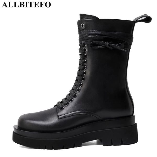 

boots allbitefo cross tied natural genuine leather women fashion platform winter high heel shoes zipper women's ankle, Black