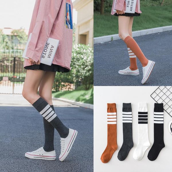 

1 pairs cotton ladies knee high striped socks women solid student socks school party street dancing knee sock for women, Black;white
