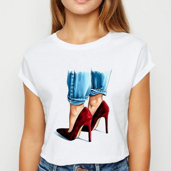 

femme pretty art design casual vestidos high heel funny graphic printed t-shirt summer female tshirt new fashion t shirt, White