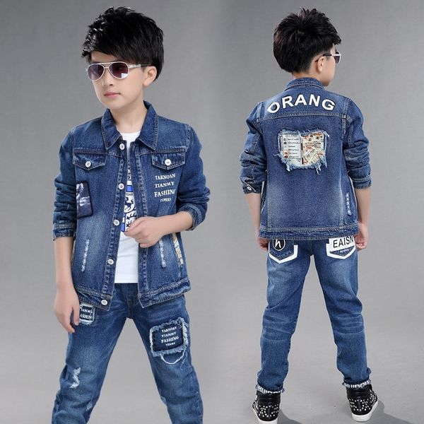 

fashion teenage boys denim clothes set autumn children jeans coat and pants autumn baby boys cotton sport suits 10 12 years new 201127, White