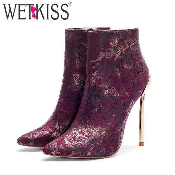 

wetkiss big size 33-43 high heels women boots printing bootie winter pointed toe female party shoes 2021 warm high neck footwear, Black