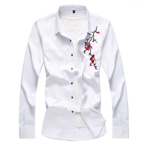 

autumn new mens embroidered shirt fashion casual shirts men large size 7xl flower shirt blue white black camisa1