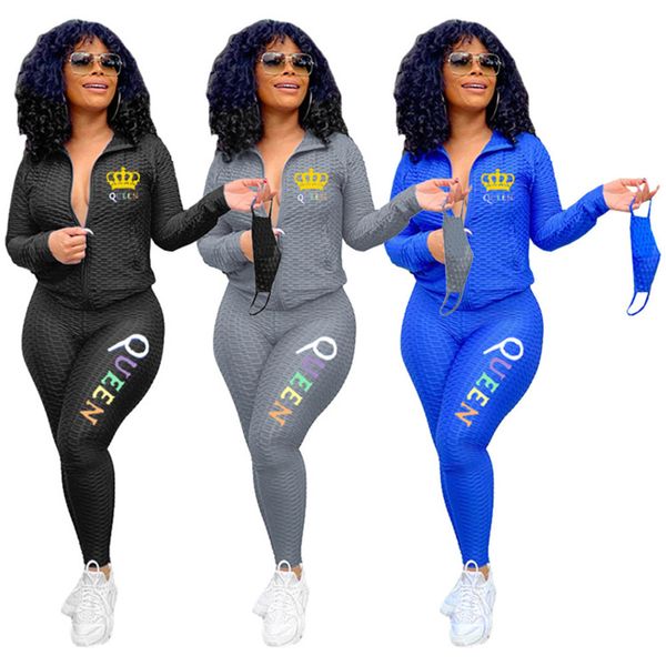 

women autumn tracksuit with face mask queen letters printed zip jackets pants two piece outfits coat yoga jogger suit streetwear h2xwik, White