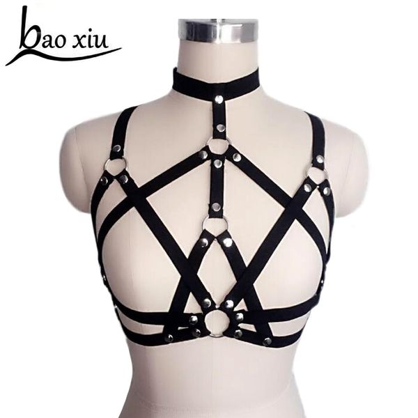 

new fashion goth women chest metal o ring studded strap garter belts cage bondage lingerie bust bra black accessories y200501, Black;brown