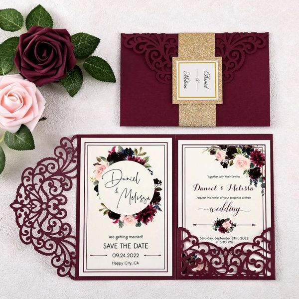 

greeting cards 50pcs arrival burgundy wedding invitations laser cut invitation pocket with castle patten for