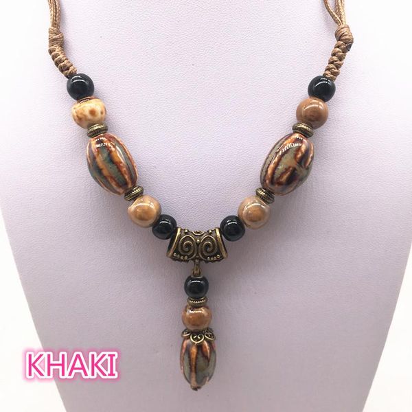 

fashion ethnic jewelry traditional handmade ornaments weave wax rope ceramics necklace ceramics beads pendant long necklace #37, Silver