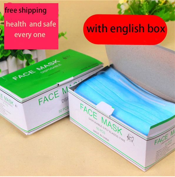 

disposable masks 3-layer face english mouth box mask with fedex earloops for salon, home use whosale mask anti-dust retail dhl