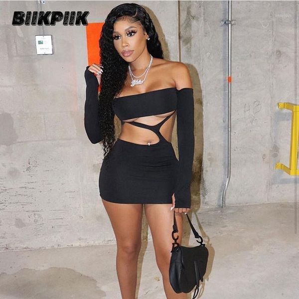 

biikpiik slash neck hollow out women mini dress solid party clubwear 2020 long sleeve casual dresses female outifits1, Black;gray