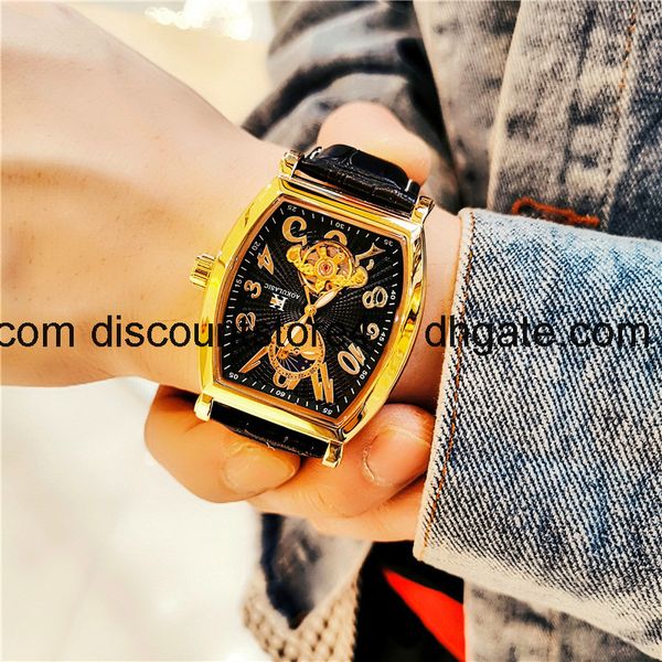 

aogulas men's automatic mechanical watch wine barrel luminous waterproof watch swiss hollow out men's watch, Slivery;brown