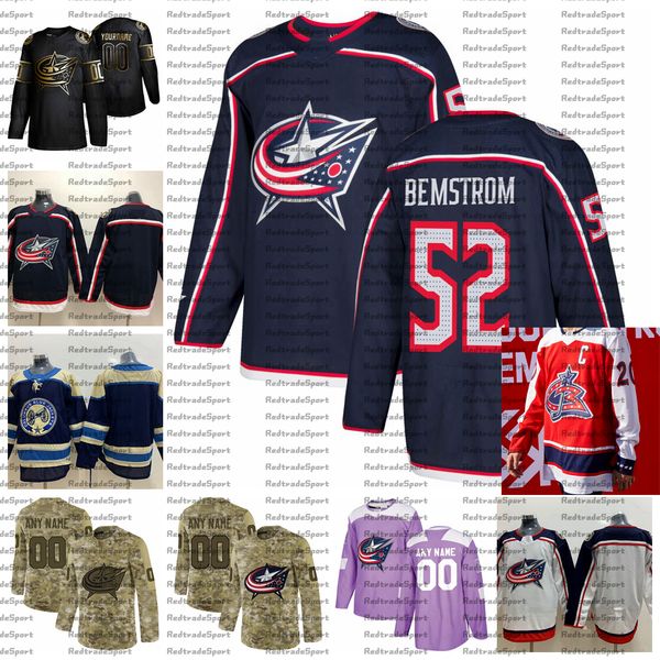 

2021 reverse retro customize #52 emil bemstrom columbus blue jackets jerseys golden edition camo veterans day fights cancer hockey jersey, Black;red