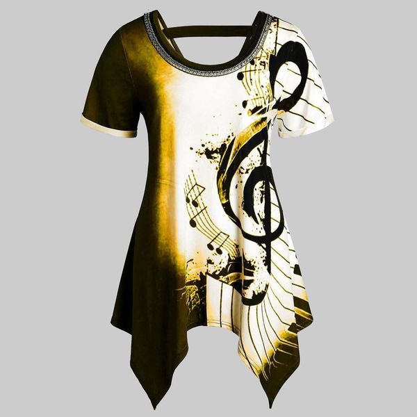

irregular hem t-shirt women asymmetrical melody notes printing fashion tees short-sleeved casual summer tshirt, White