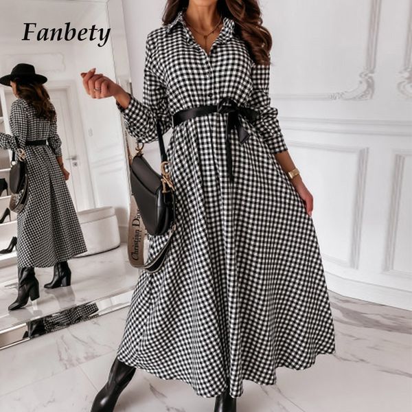 

women elegant turn-down collar party long dress autumn winter vintage plaid button dresses lady casual elastic waist dress mujer y0118, Black;gray