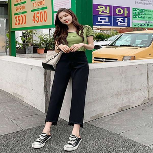 

new black loose straight nine point pencil jeans for women, Blue