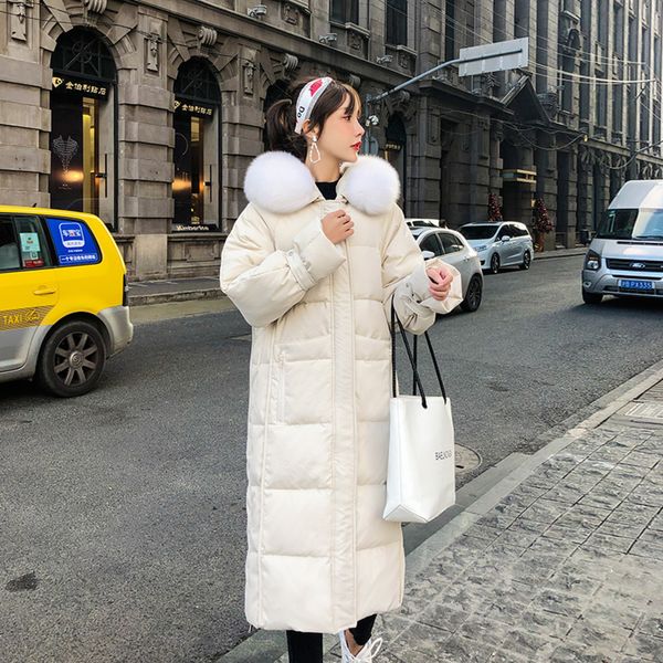 

winter women coat down jacket 2019 fashion real fox fur collar 90% duck hooded long white warm outwear c1204, Black
