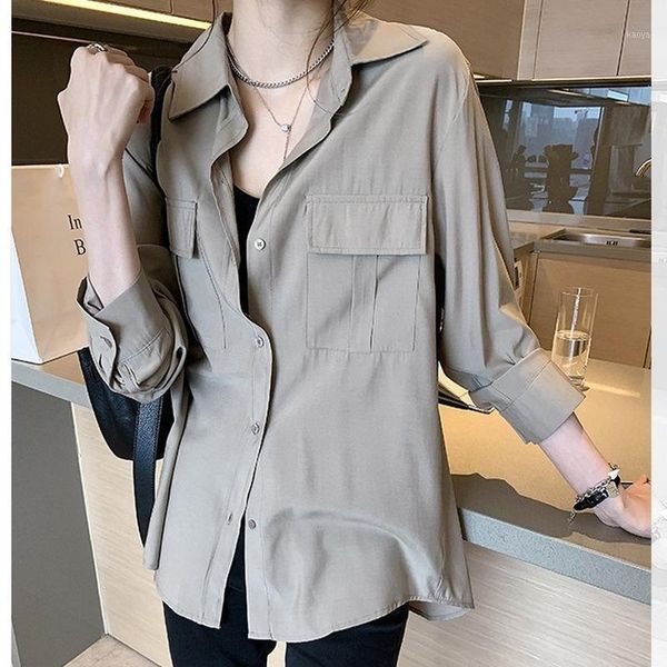 

white vintage women shirts and blouse 2020 spring long sleeve womens oversized shirt pocket streetwear blouses1