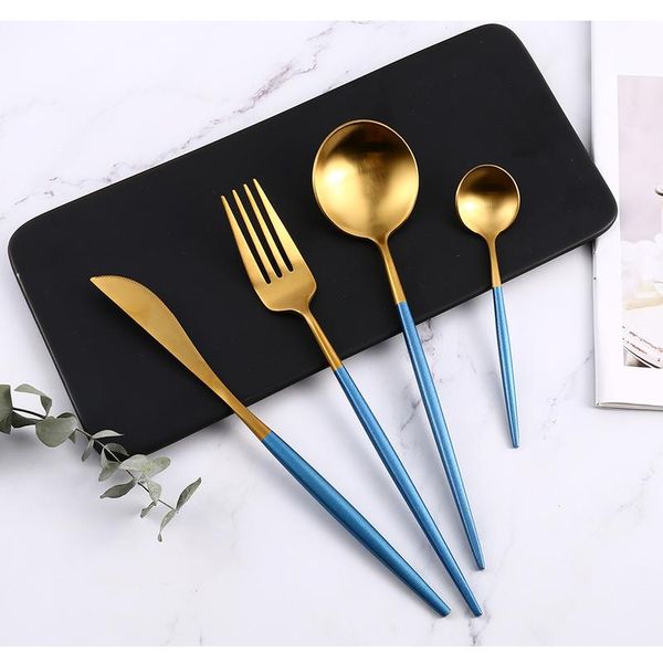 

home cutlery set blue gold 4pcs/set stainless steel frosted high-end steak cutlery knife spoon fork dessert spoon re bbyuty