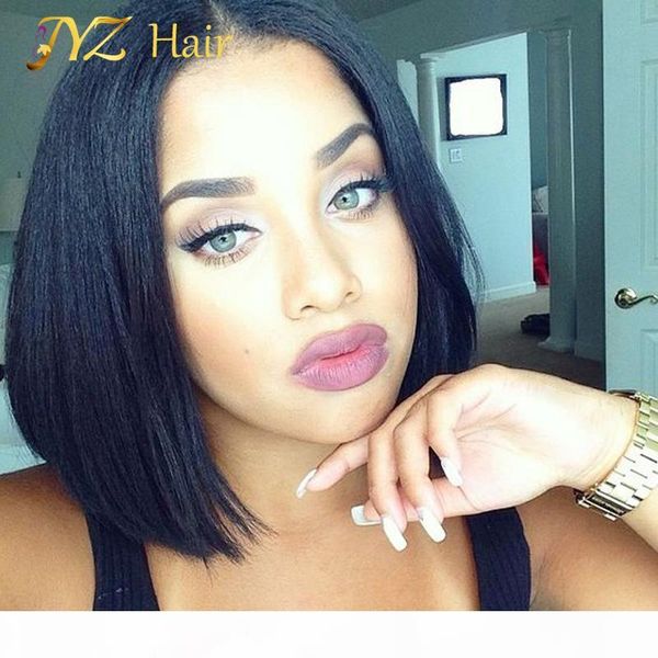 

jyz virgin brazilian human hair short lace front wig bob straight full lace human hair wig with baby hair glueless lace wig, Black;brown