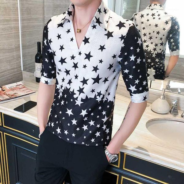 

korean half sleeve shirt men streetwear fashion star splice mens casual shirt slim fit men dress tuxedo camiseta masculina1, White;black