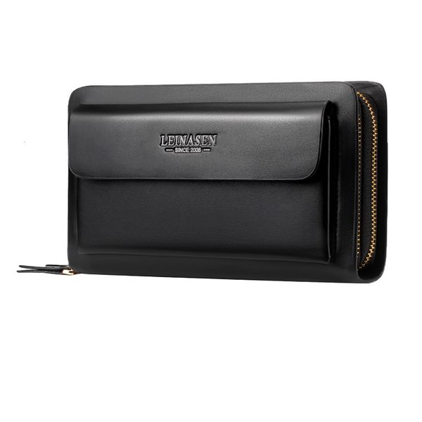 

business multifunctional wallet solid color leather waterproof fashion double zipper bag large capacity men's wallet#g30, Red;black