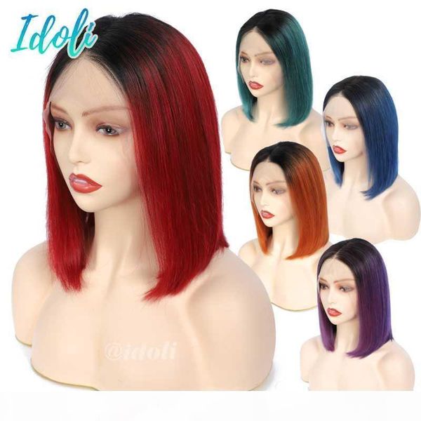 

ombre human hair lace front brazilian straight remy hair wig bob lace front wigs color purple blue red ginger green omber, Black;brown