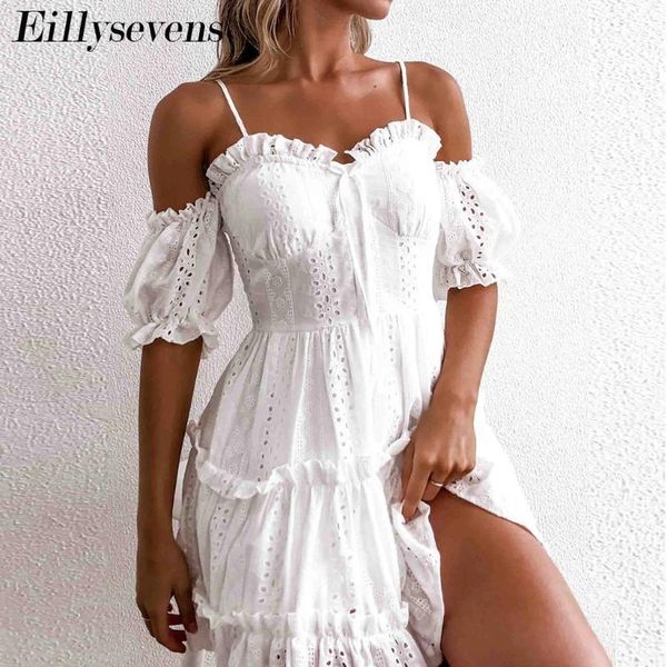 

party dresses bohemian white lace dress women vintage off the shoulder ruffle summer 2021 beach club hollow vestidos1, White;black