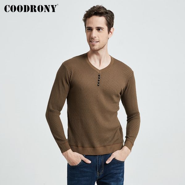 

Coolrony men's long sved V-neck casual sweater, cotton knitted tight shirt, spring and Autumn, White;black