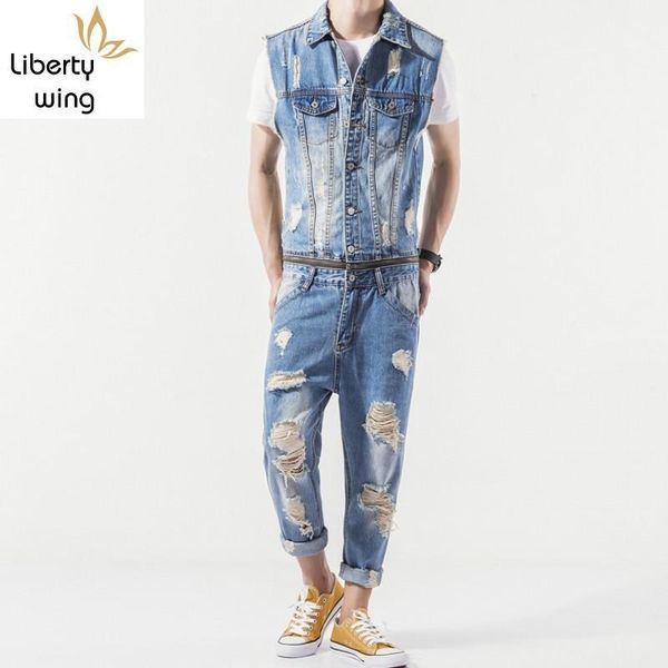 

men's jeans mens summer sleeveless denim jumpsuit casual cowboy slim fit hole ripped romper pants male zip one piece bib overalls1, Blue