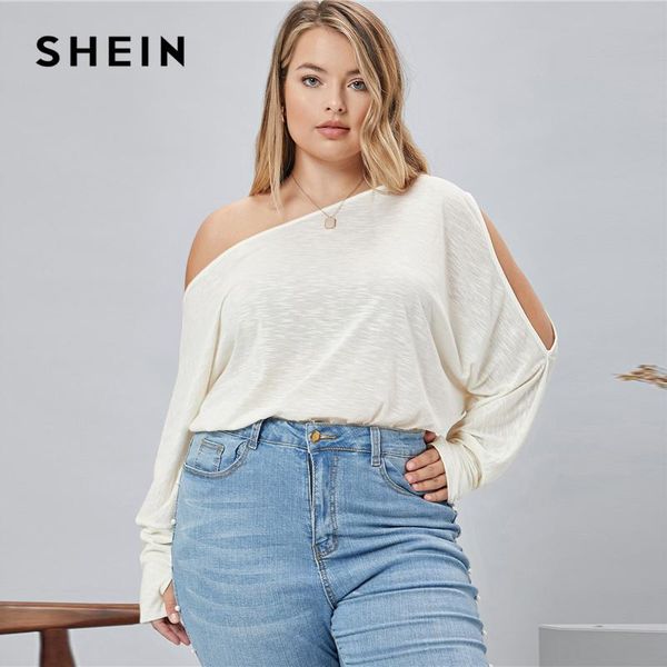 

shein plus size asymmetrical neck batwing sleeve tee women spring autumn cut out loose solid t-shirts, White