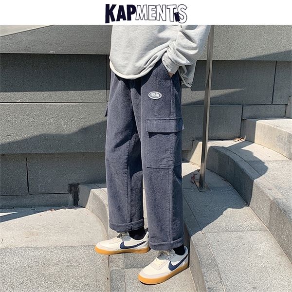 

kapments vintage men corduroy pocket baggy cargo pants 2020 joggers mens japanese streetwear wide leg pants male korean trousers q1217, Black