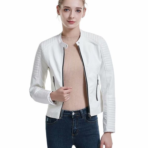 Elegante chique branco pu jaqueta de couro outono moda mulheres listradas manga longa casaco casaco casual high street Outerwear Y201006