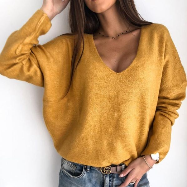 

women knitted pullover long sleeve v neck sweater elegant laies loose knitwear dames casual streetwear clothes, White;black