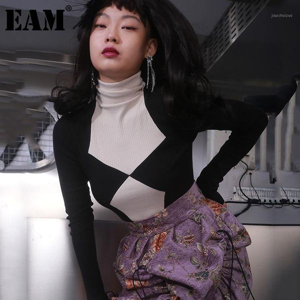 

eam] women geometric pattern spliced blouse new turtleneck long sleeve loose fit shirt fashion tide spring autumn 2021 1dd33601, White