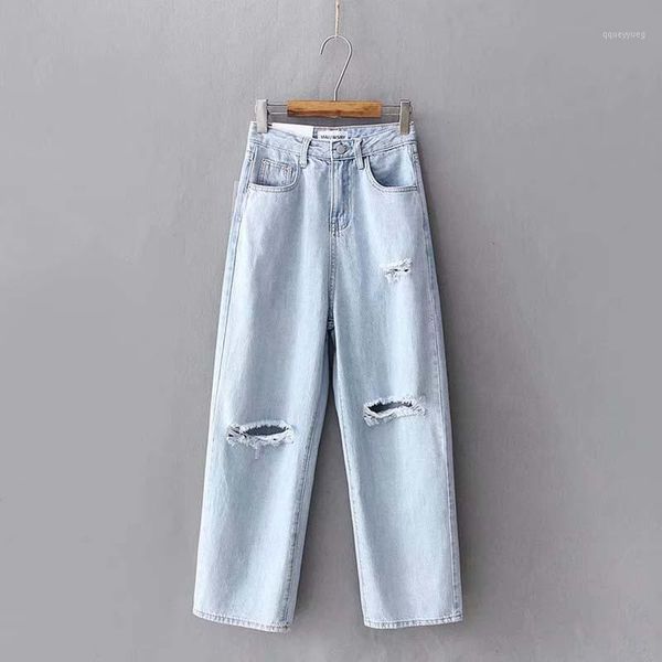 

women's pants & capris 2021 fashion ripped boyfriend jeans light blue denim trousers long wide leg middle waist cool female1, Black;white