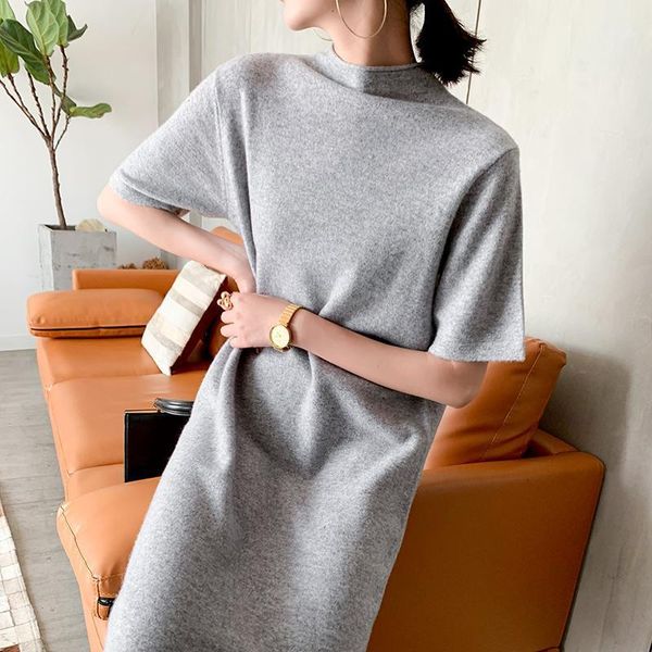 

women dress winter autumn 100% pure merino wool knitting jumpers long-style loose oneck short-sleeve dresses female clothes1, Black;gray