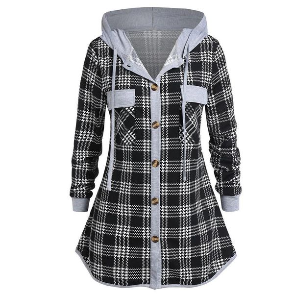 

womens shirt plaid fashion casual plus size hooded pocket button plaid blouse checked shirt long sleeve pullover top, White