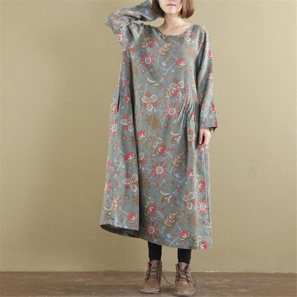 

casual dresses johnature women vintage print floral fold robes o-neck long sleeve 2021 spring loose clothing pockets, Black;gray