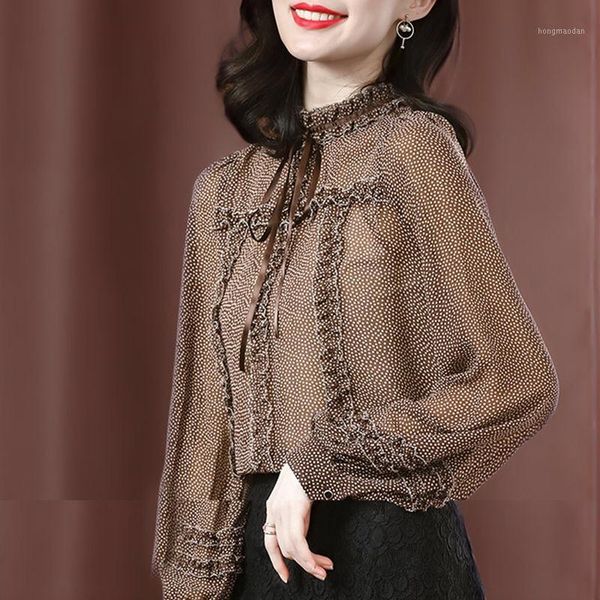 

korean fall spring vintage womens ruffled lantern long sleeve polka dot chiffon blouse , autumn woman 3xl bow blouses1, White