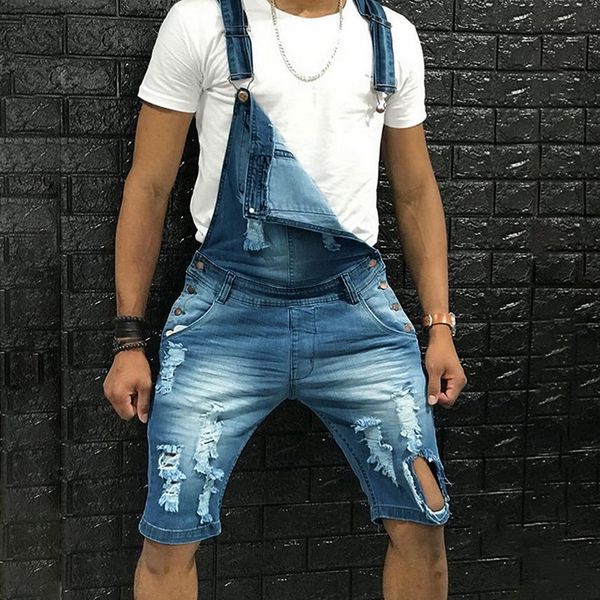 

laamei men's denim bib washed half length jeans jumpsuits hip hop straight jean overalls for men streetwear male jumpsuit, Blue