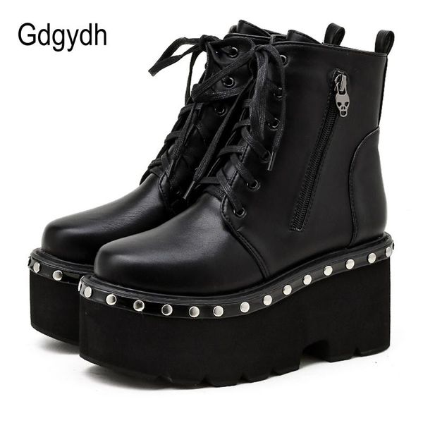 

gdgydh new thick heel ankle boots lace up chunky boots women high heels autumn winter retro rivet black gothic platform shoes